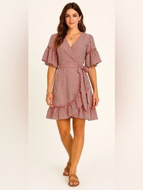 Max Studio Red Gingham Wrap Dress with Ruffle Details